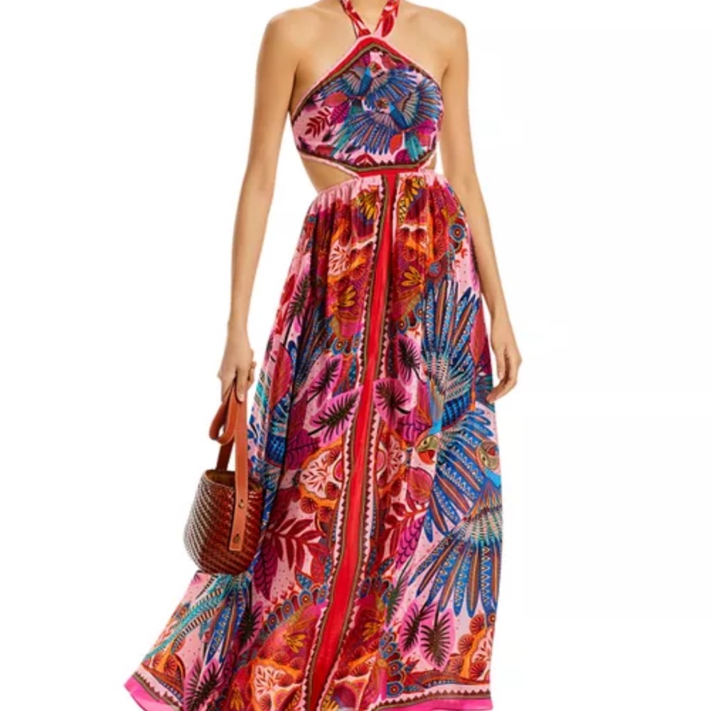 Farm Rio Macaw Scarf Vibrant Multicolor Halter Maxi Dress